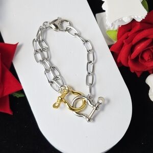 Two-Tone Chunky Paperclip Link Bracelet Silver Gold Horseshoe Shackle Carabiner